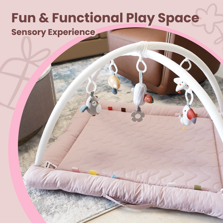 Play Gym with 5 Sensory Toys, Thick & Plush Playmat for Floor, Tummy Time Mat (MistyRose, Color Toys)