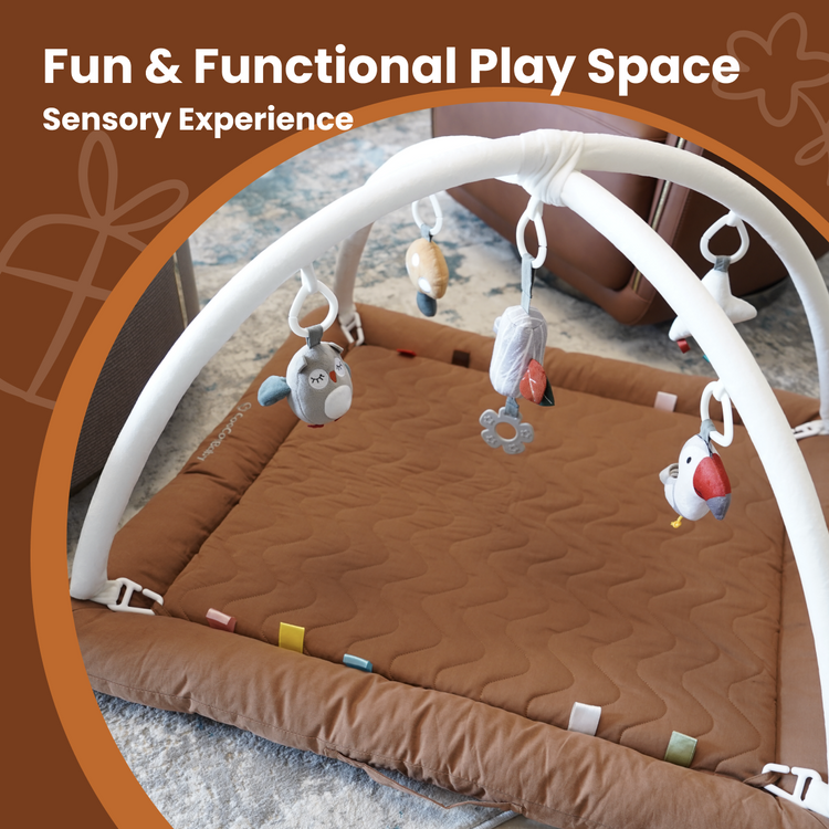 Play Gym with 5 Sensory Toys, Thick & Plush Playmat for Floor, Tummy Time Mat (GoldenBrown, Color Toys)